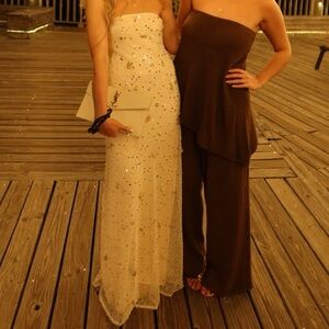 Peppermayo Strapless Sequin Maxi Dress in Cream with Silver Sparkle